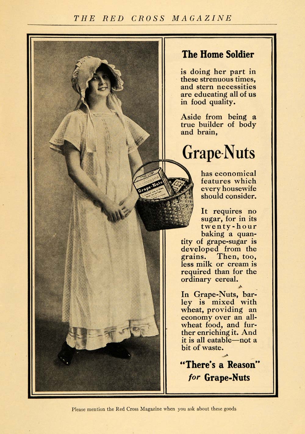 1918 Ad Grape Nuts Cereal WWI Home Economy Soldier Girl - ORIGINAL RCM1