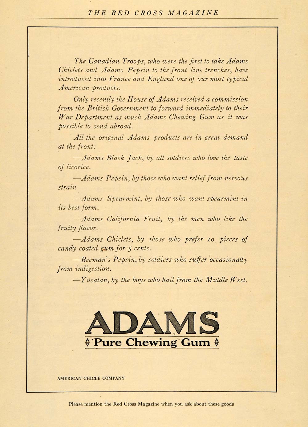 1918 Ad Adams Chewing Gum WWI Efforts Canada Britain - ORIGINAL ADVERTISING RCM1