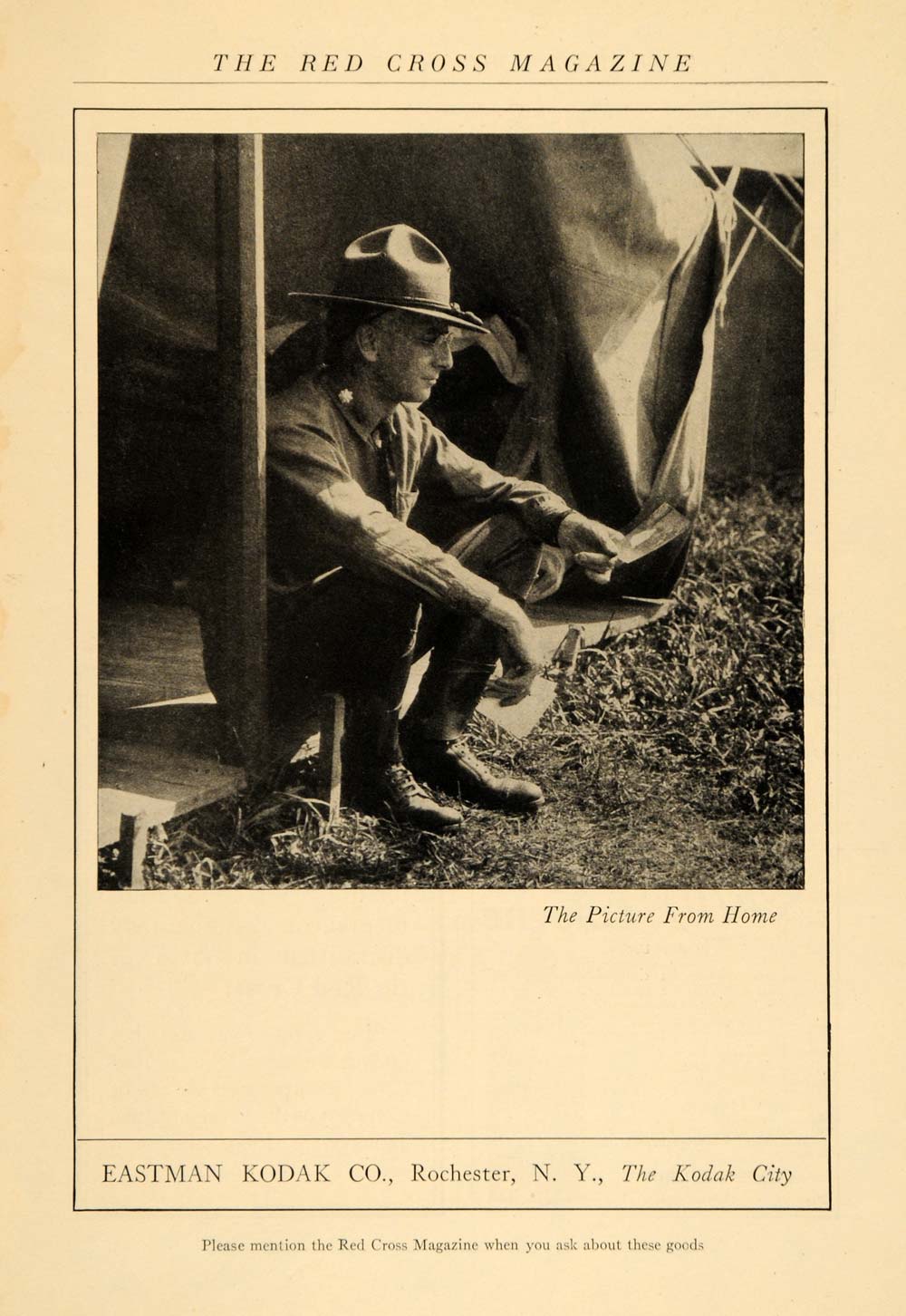 1918 Ad Eastman Kodak NY WWI Soldier Looking at Photo - ORIGINAL RCM1
