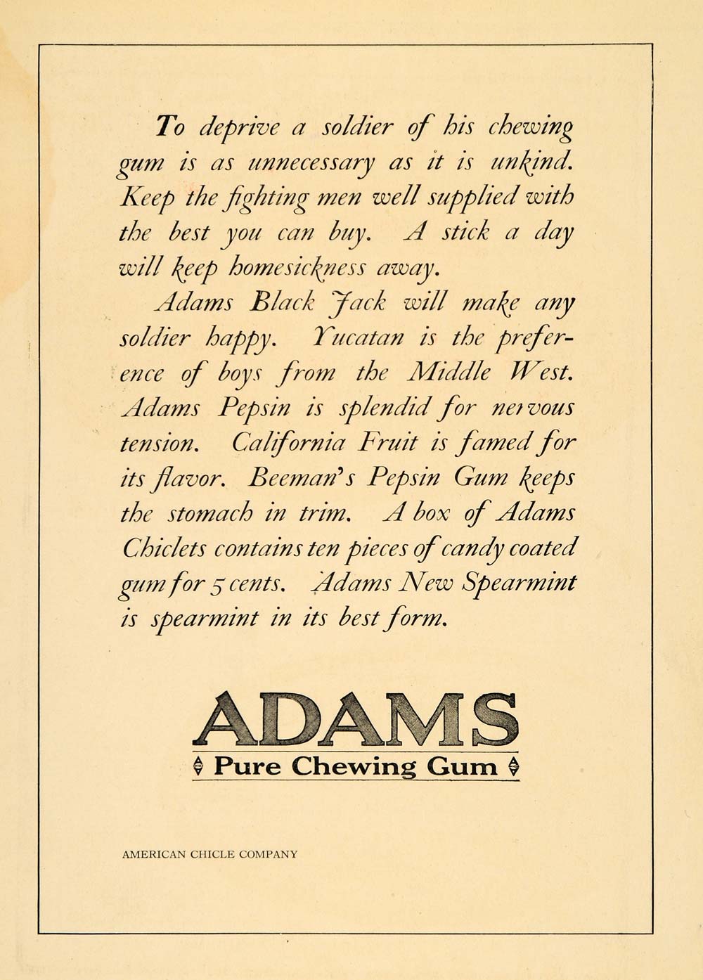 1918 Ad WWI Efforts Beeman Adams Chewing Gum Varieties - ORIGINAL RCM1