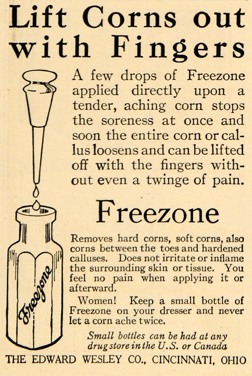 1918 Ad Freezone Corn Remover Bottle Edward Wesley - ORIGINAL ADVERTISING RCM1
