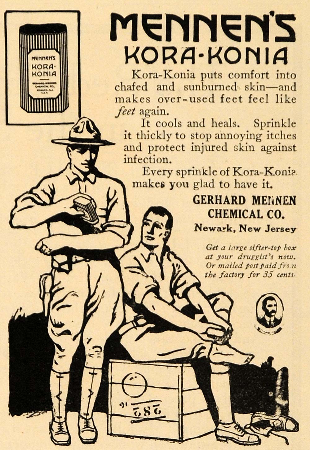 1918 Ad Mennen Kora-Konia Skin Foot Relief WWI Soldiers - ORIGINAL RCM1