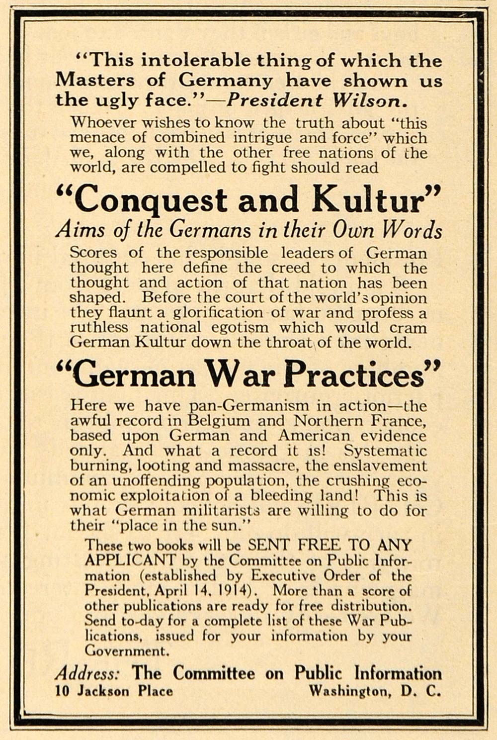 1918 Ad Public Info Committee WWI German War Practices - ORIGINAL RCM1
