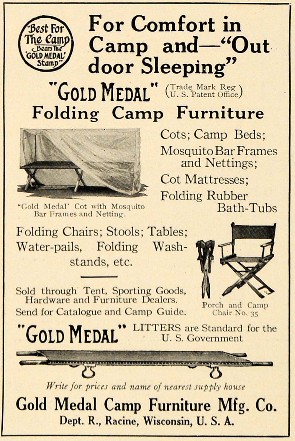 1917 Ad Gold Medal Folding Camp Furniture WWI Racine WI - ORIGINAL RCM1