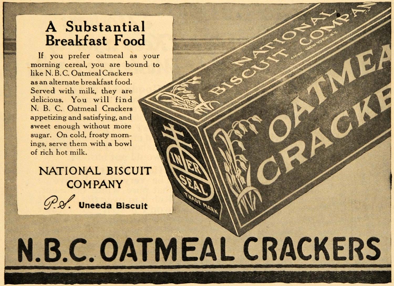 1918 Ad N. B. C. Oatmeal Crackers Uneeda Biscuit Box - ORIGINAL ADVERTISING RCM1