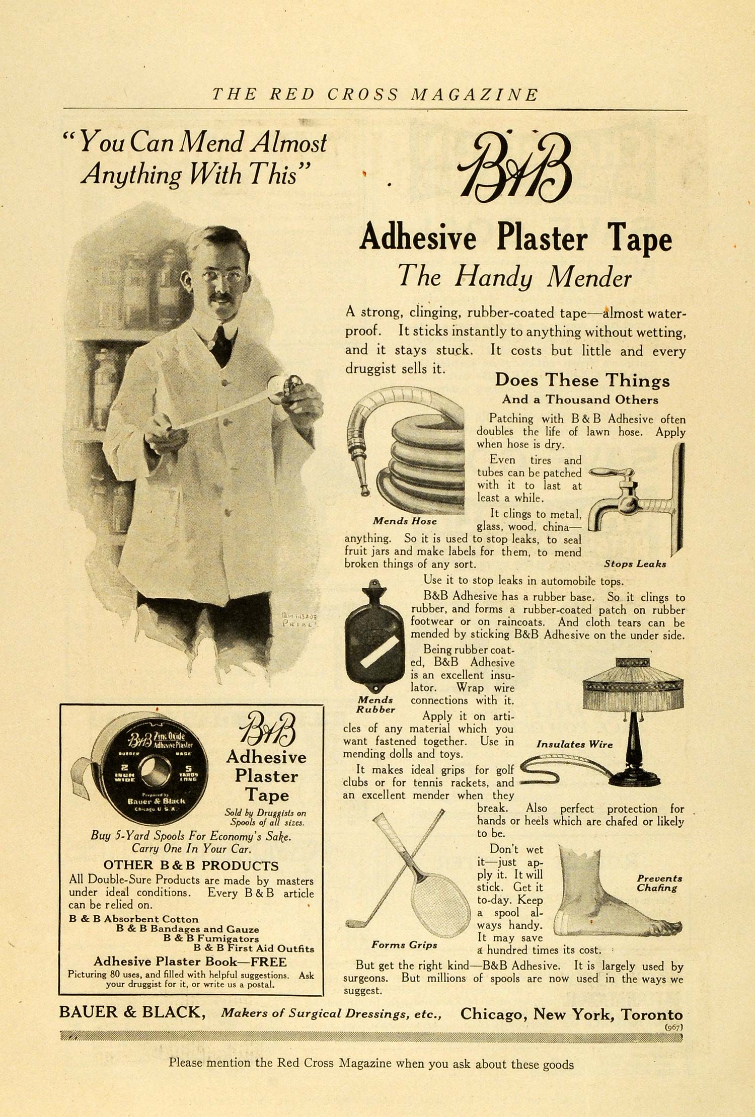 1918 Ad Bauer Black Surgical Dressings Adhesive Plaster Tape Handy Mender RCM1