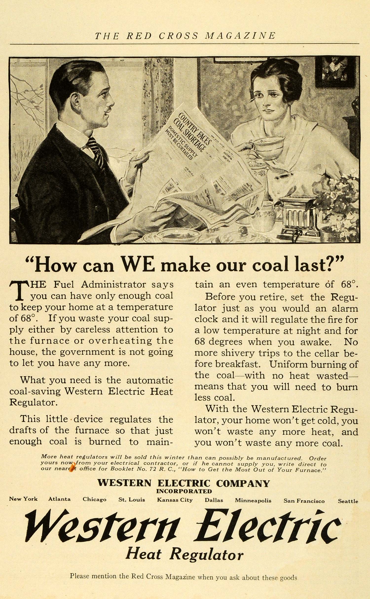 1918 Ad Western Electric Heat Regulator Make Coal Last Furnace Uniform RCM1