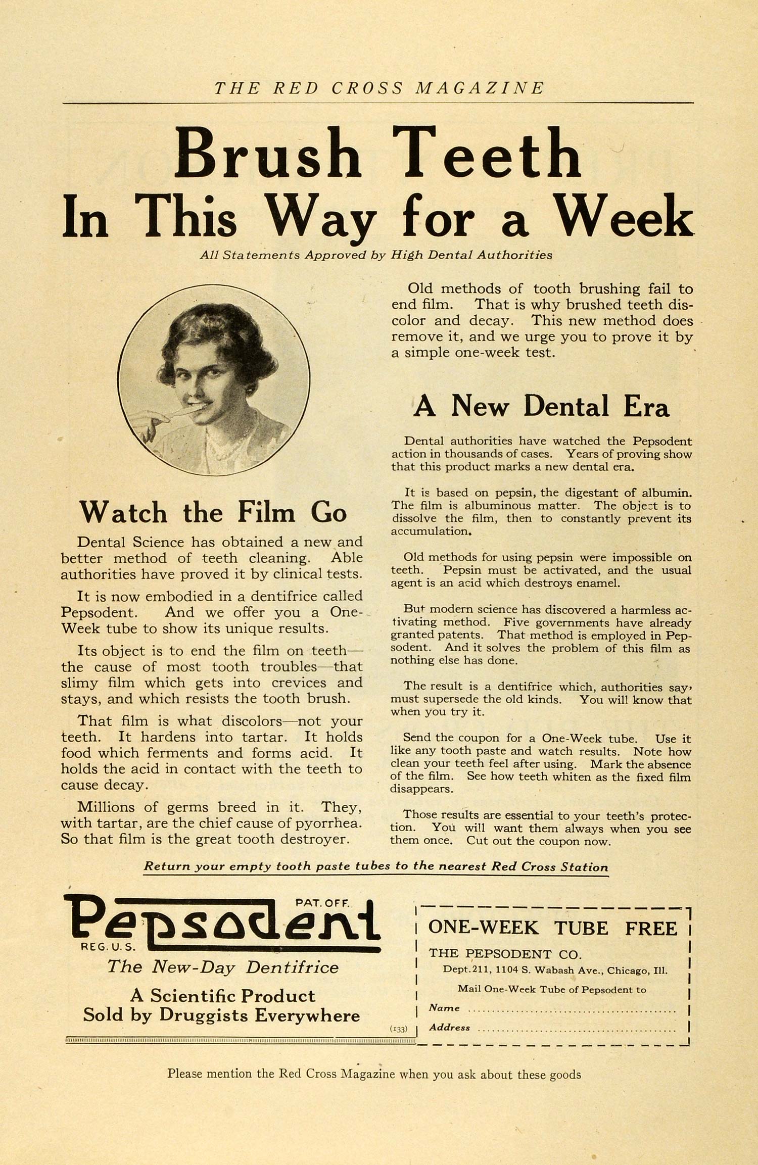 1918 Ad Pepsodent Dental Era Dentifrice Clean Teeth Brush Toothpaste WWI RCM1