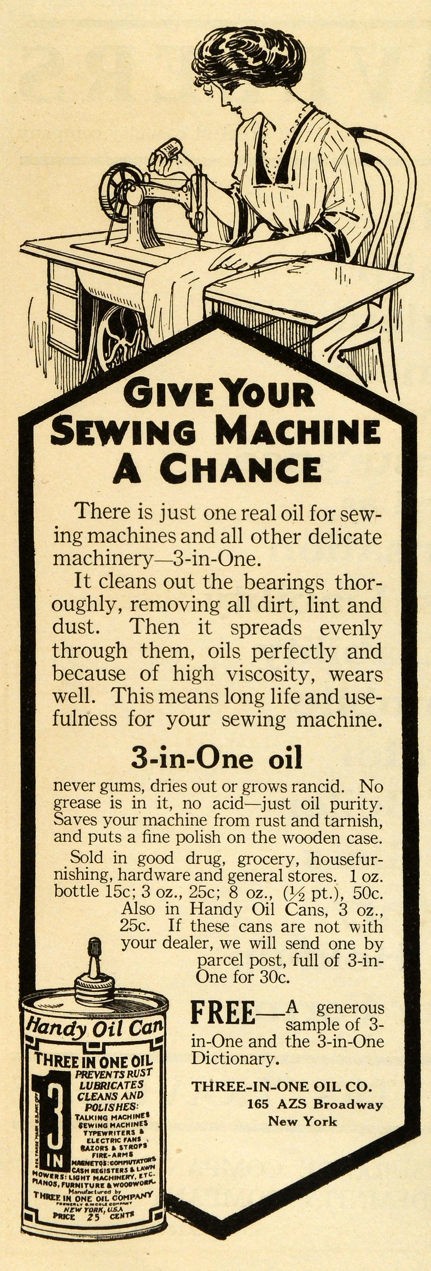 1918 Ad 3-in-One Oil Sewing Machine Maintenance Handy Can Lubricate Clean RCM1