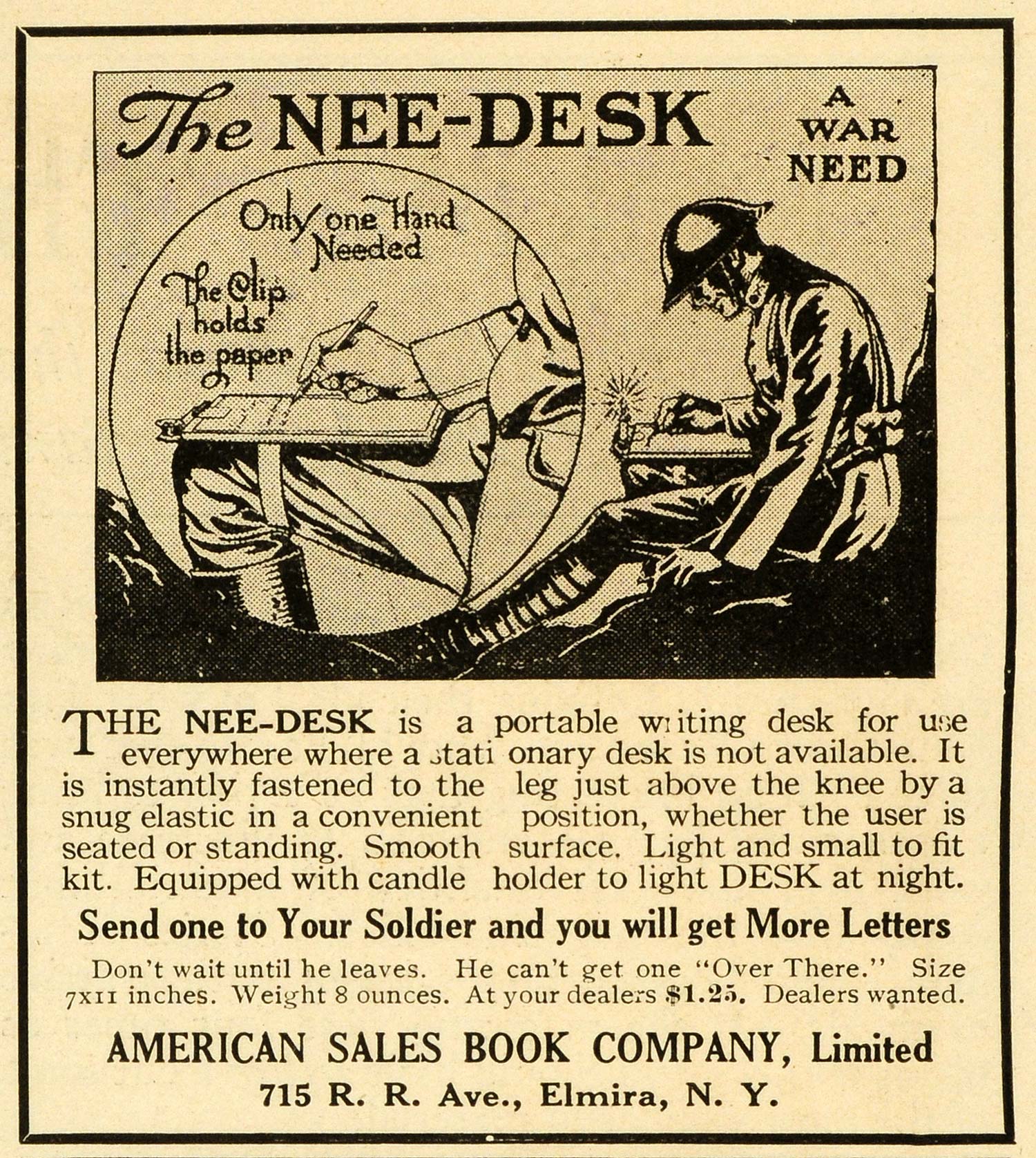 1918 Ad Nee Portable Desk War Need World War I Knee Strap Clipboard RCM1