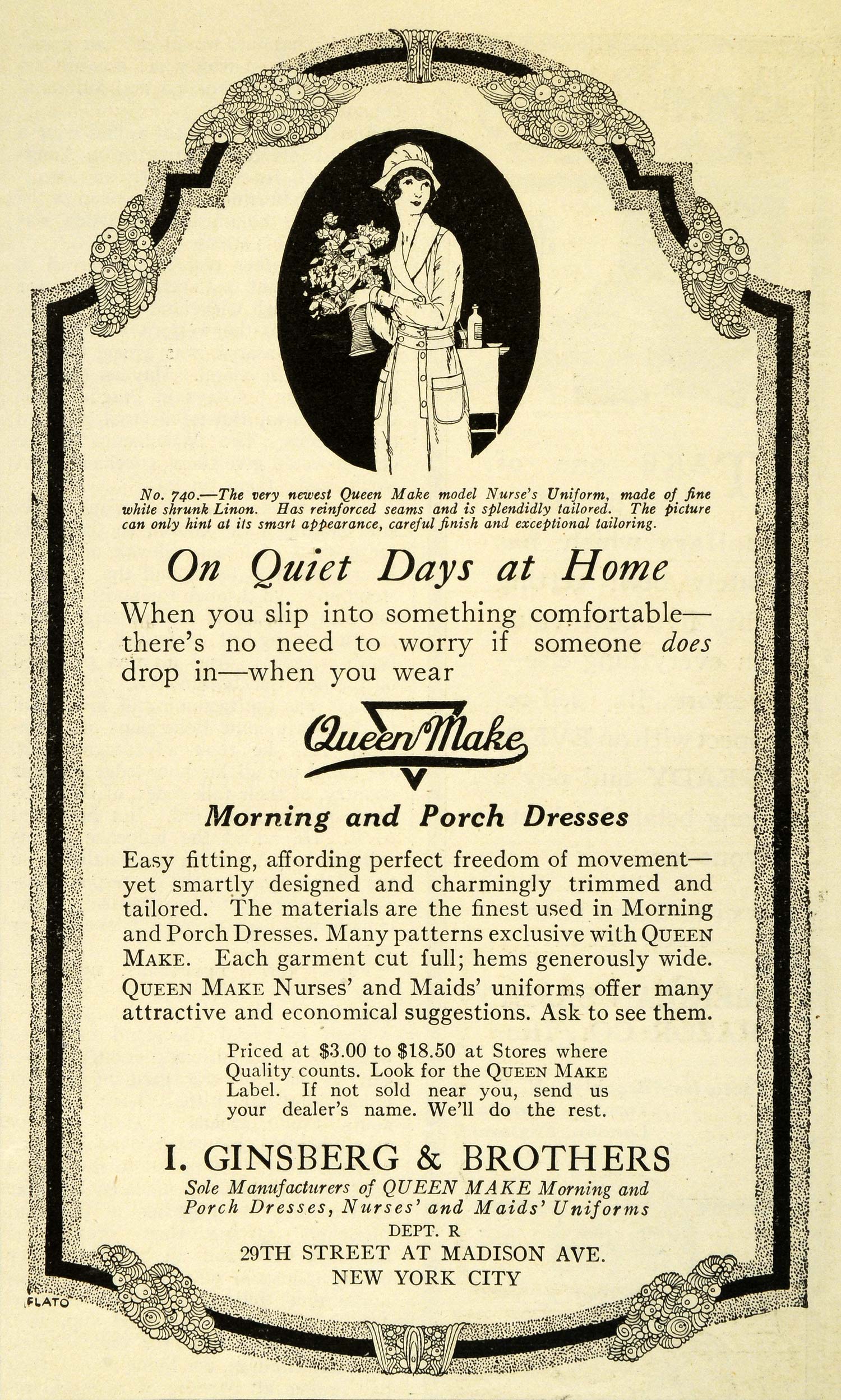 1919 Ad Queen Make Morning Porch Dresses Ginsberg Brothers Nurse Uniforms RCM1