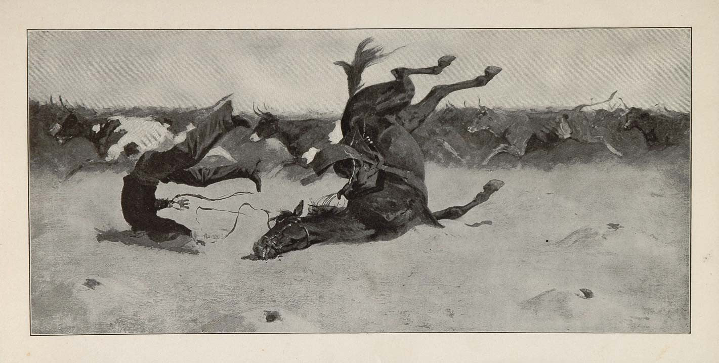 1902 Print Frederic Remington Art Cowboy Horse Cattle Stampede American Old West