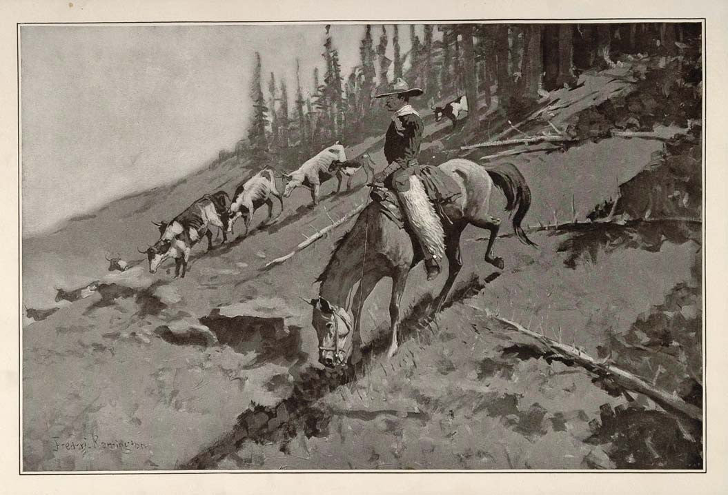 1902 Print Frederic Remington Art Cowboy Herding Cattle American Old West Plains - Period Paper
