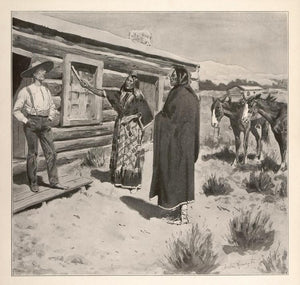 1902 Print Frederic Remington Art Indian Settler Log Cabin American Old West