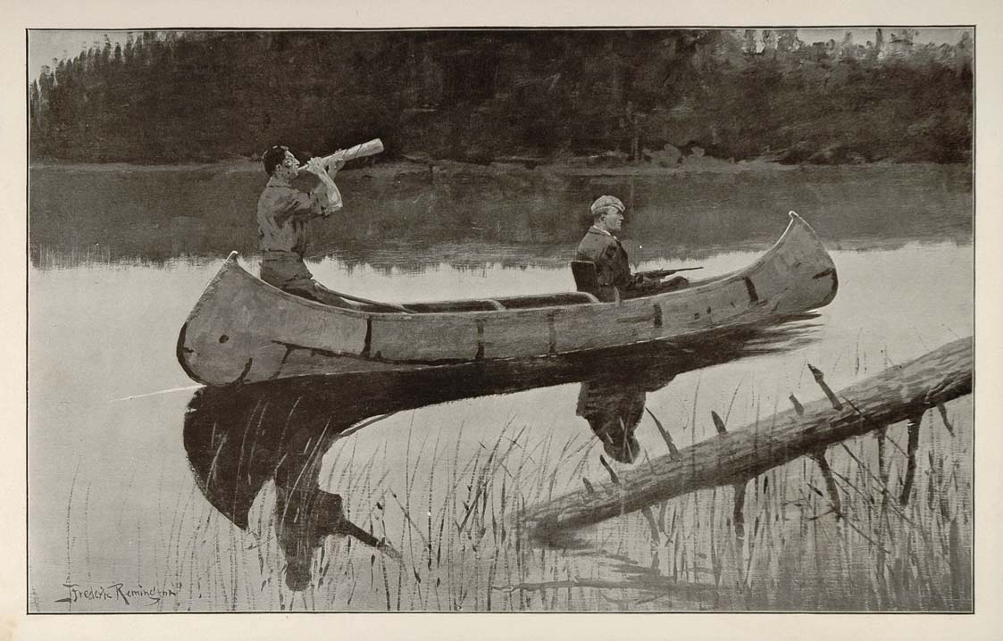 1902 Print Frederic Remington Art Moose Call Canoe Hunters American Old West