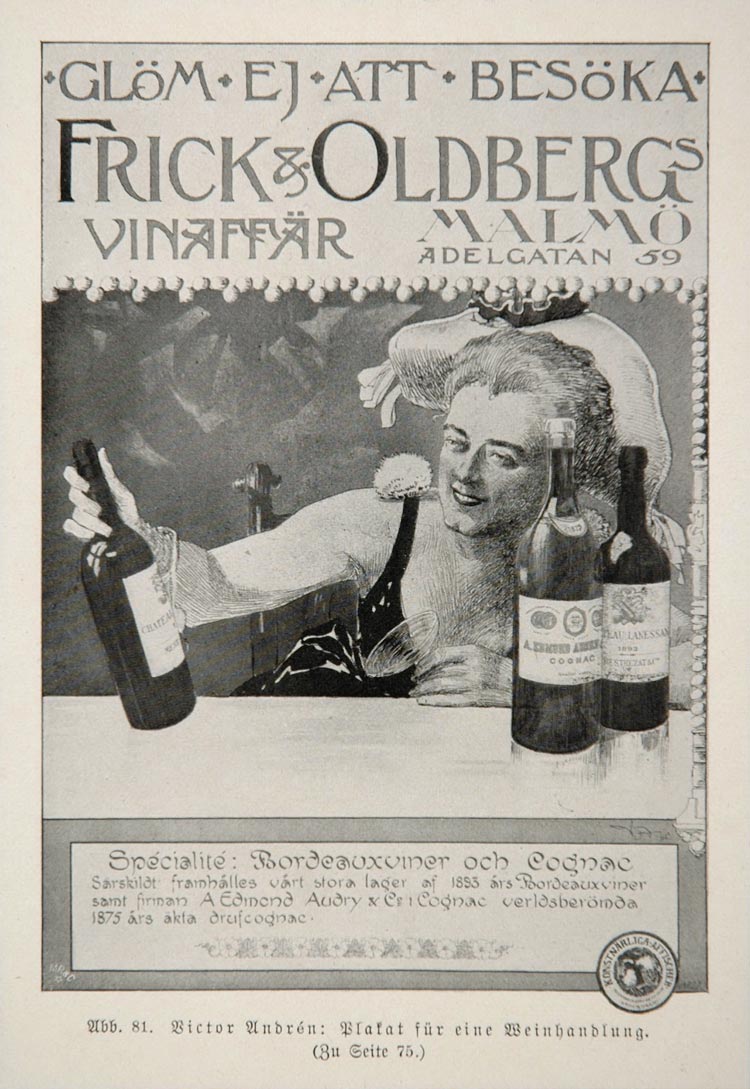 1903 Vicke Andren Frick Oldbergs Cognac Wine Print Ad - ORIGINAL REM