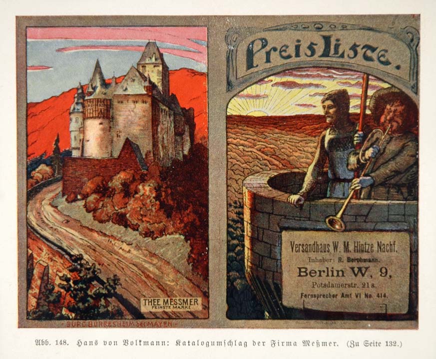1903 Hans von Volkmann Castle Tower Thee Messmer Print - ORIGINAL REM