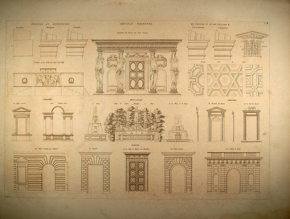 1841 Engraving Fountains Doors Arch Architecture Durand - ORIGINAL REP2