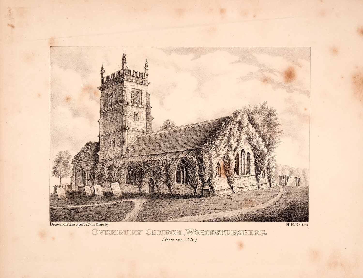 1843 Zinc Lithograph Overbury Church Worcestershire England Relton St Faith RES1