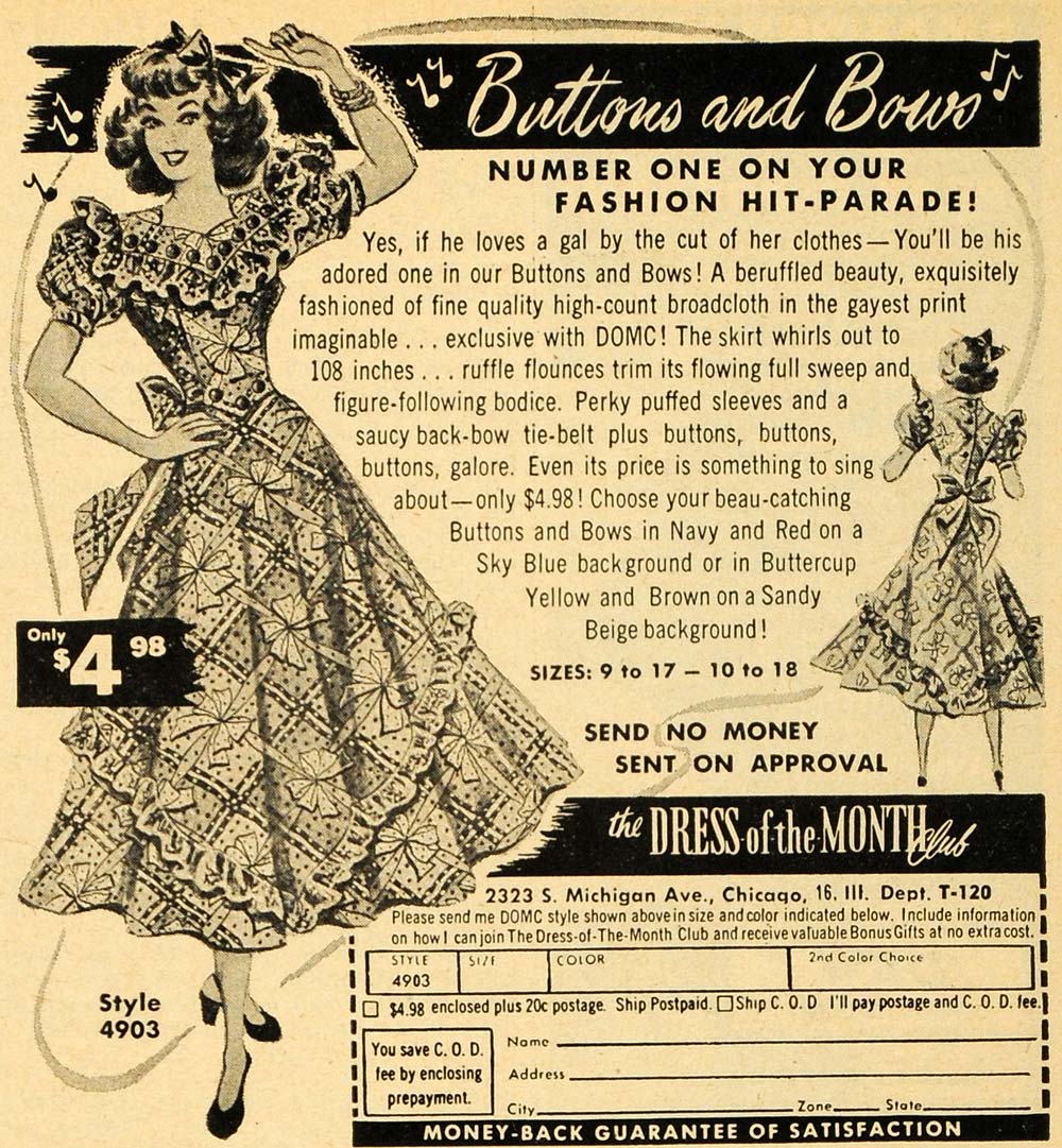 1949 Ad Dress Of The Month Club Women Clothing Style Mail Order Chicago RO1
