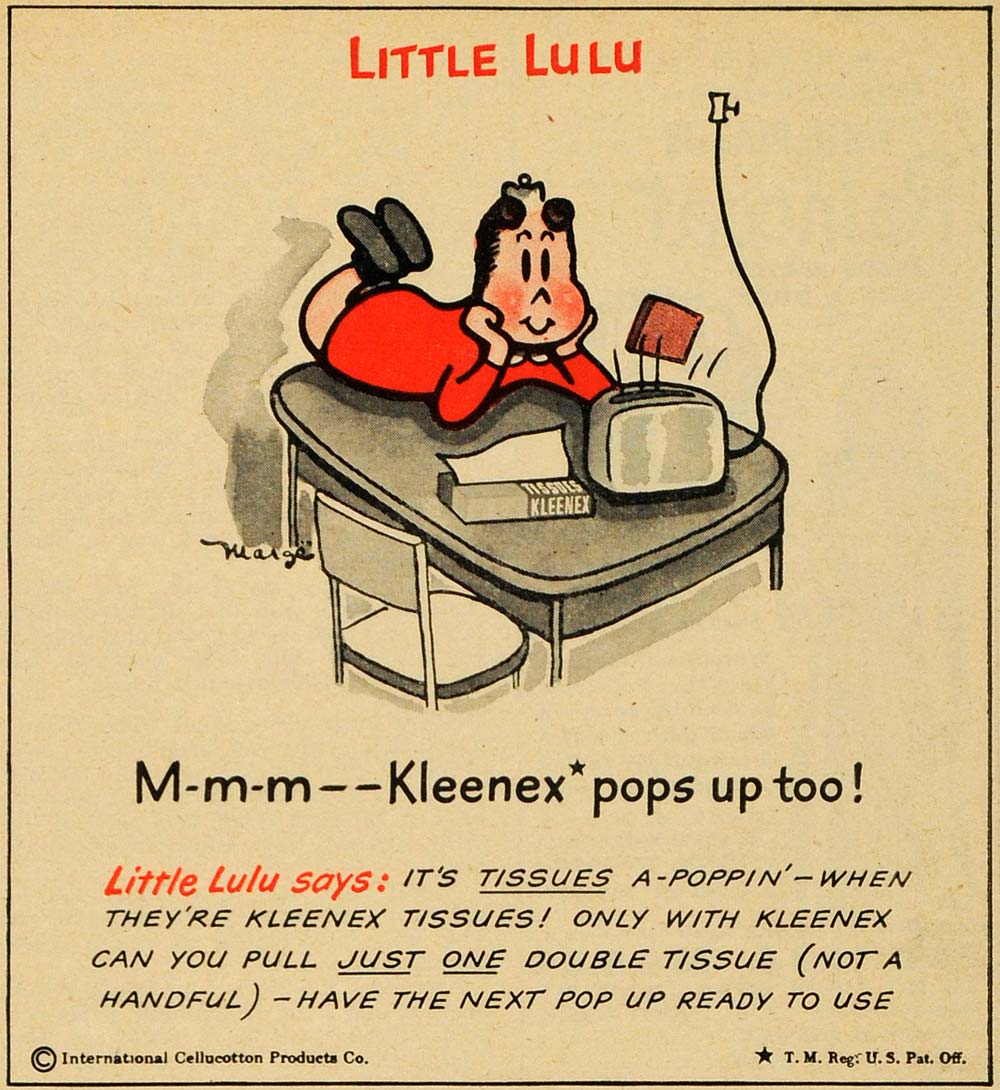 1949 Ad Little Lulu Kleenex Tissues Pop Up Nasal Health Nose Cartoon RO1
