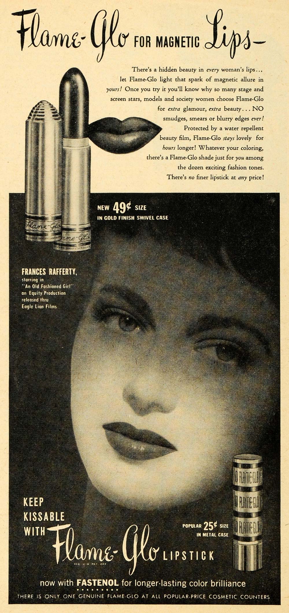 1949 Ad Flame Glo Lipstick Fastenol Long Lasting Color Frances Rafferty RO1