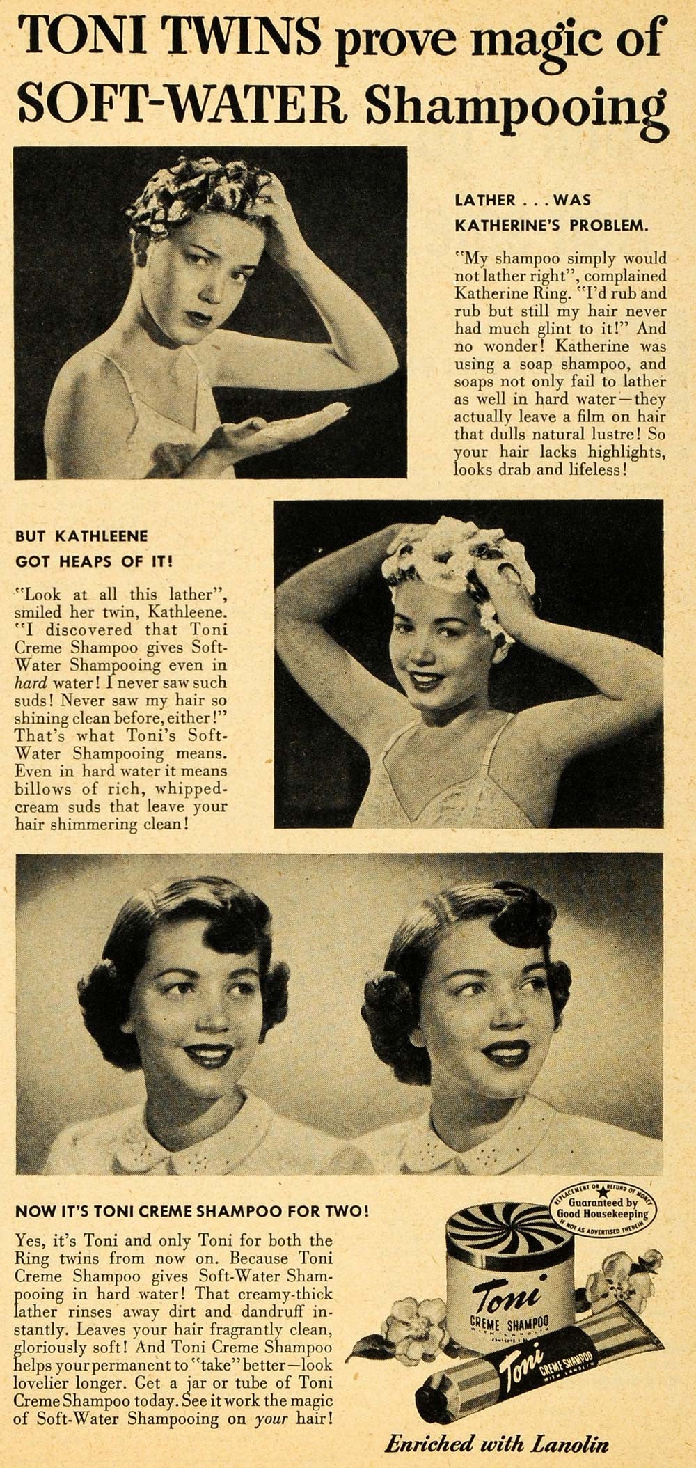 1949 Ad Toni Creme Shampoo Lather Katherine Kathleene Ring Twins Soft Water RO1