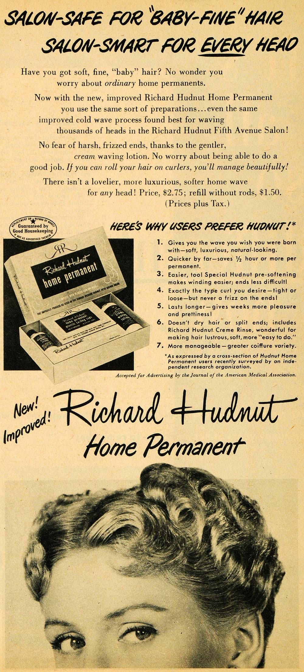 1949 Ad Richard Hudnut Home Permanent Hair Product Wave Solution Creme Rinse RO2