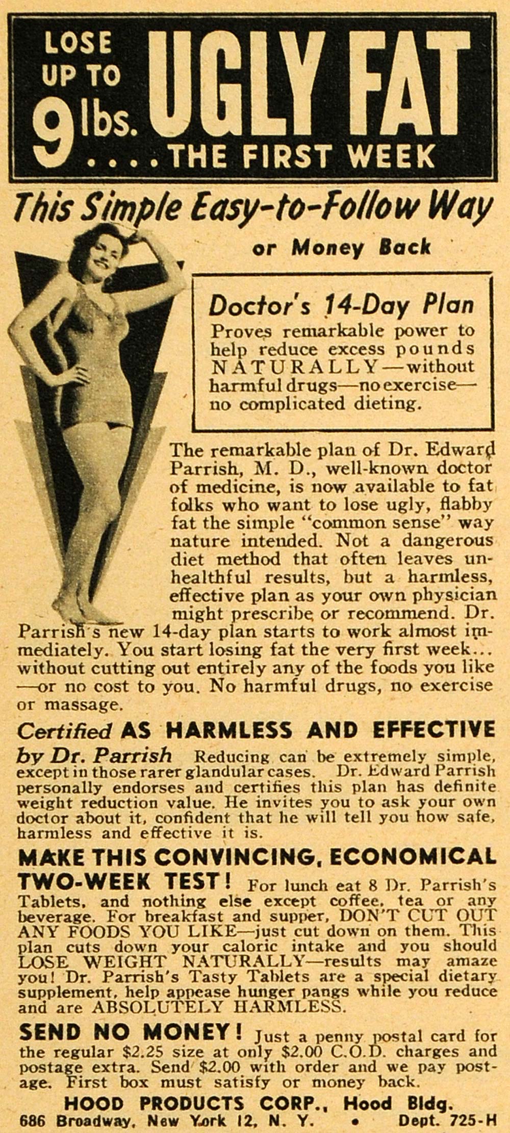 1949 Ad Weight Loss 14-day Food Plan Dr. Edward Parrish Regimen Harmless RO3