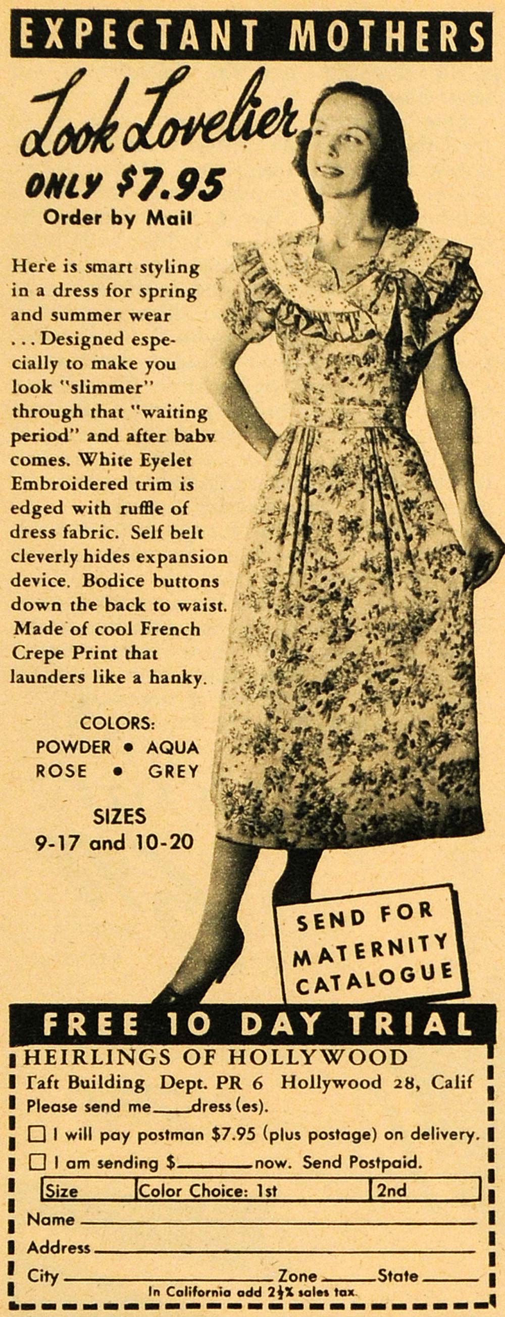 1949 Ad Heirlings Hollywood Mail Order Dresses Maternity Slimming Clot – Period Paper Historic Art LLC 1949-ad-heirlings-hollywood-mail-order-dresses-maternity-slimming-clot-period-paper-historic-art-llc