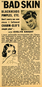 1949 Ad Evelyn Knight Charm-Glo Treatment Skin Acne Formula Jar Cream RO3