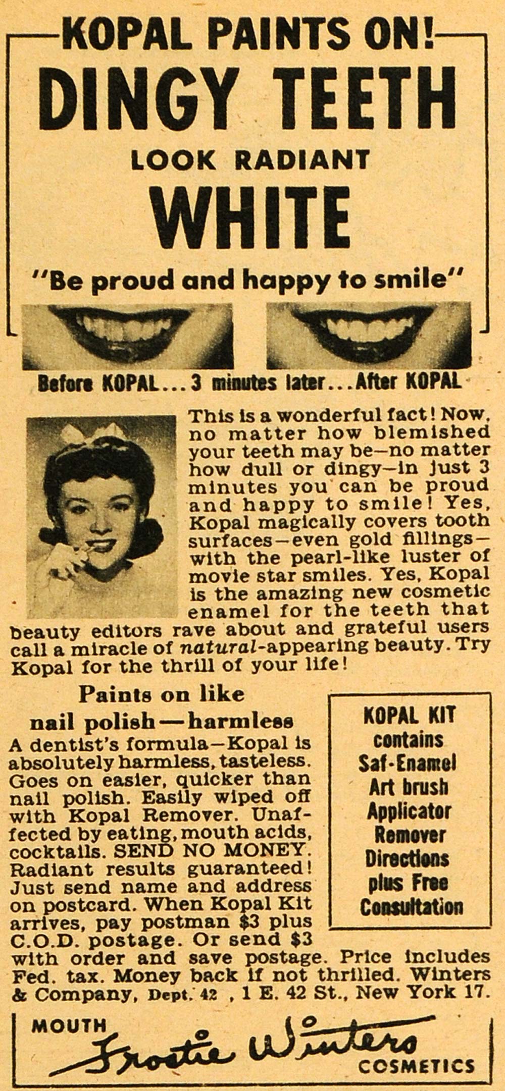 1949 Ad Teeth Whitener Kopal Kit Saf-Enamel Air Brush Applicator Frostie RO3