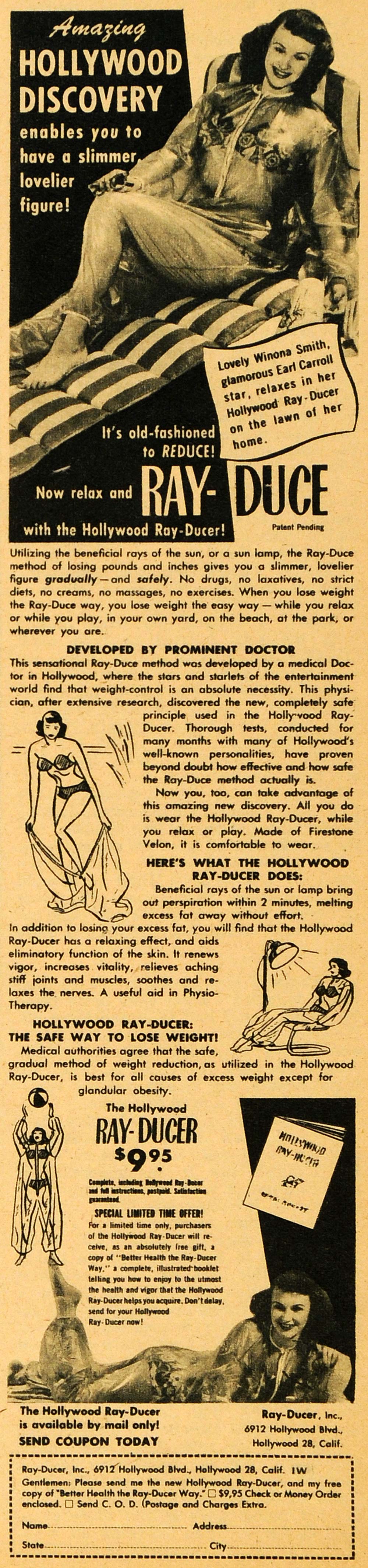 1949 Ad Hollywood Ray-Ducer Slimmer Winona Smith Weight Reducer Firestone RO3