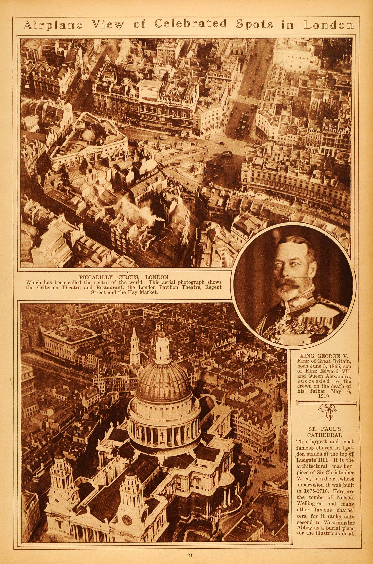 1922 Rotogravure London Bird's Eye Aerial View St Paul's Cathedral King George V