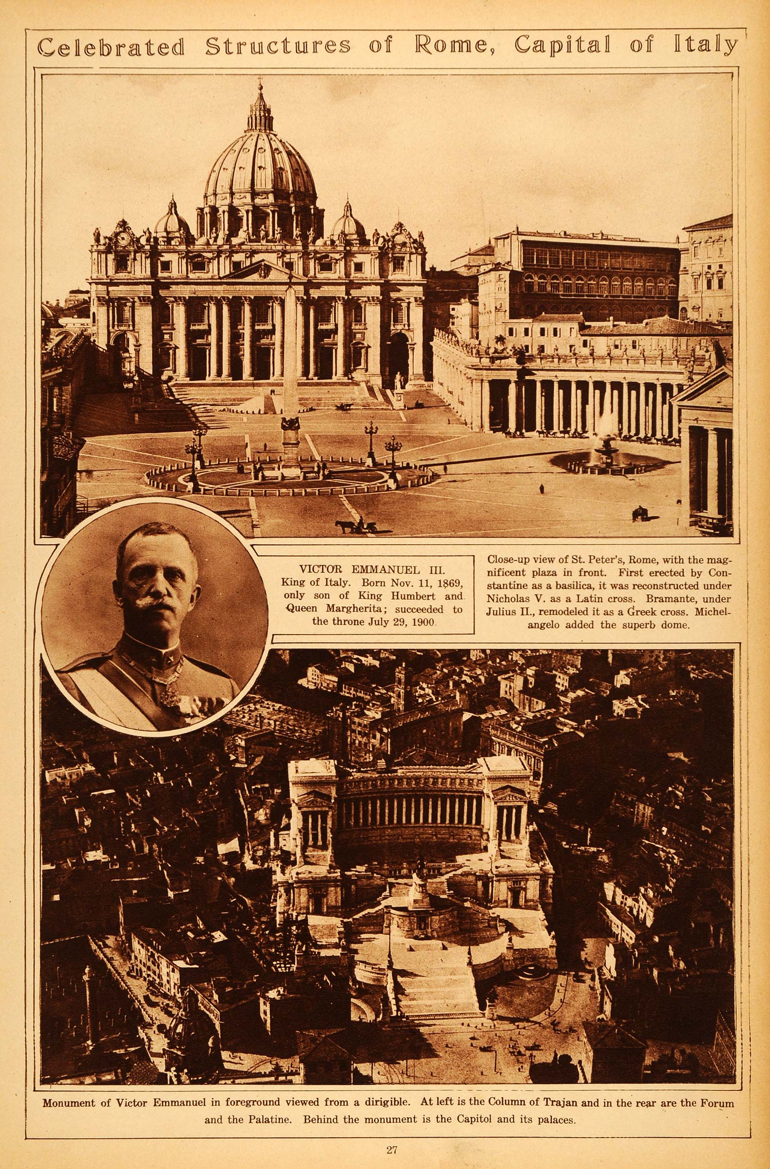 1922 Rotogravure Rome Victor Emmanuel III Column Trajan St. Peter's Bascilica