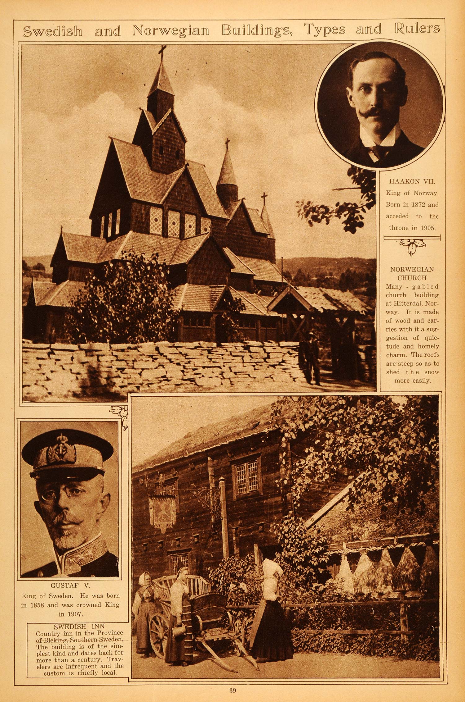 1922 Rotogravure Norway Heddal Stave Church King Haakon VII Gustaf V Sweden