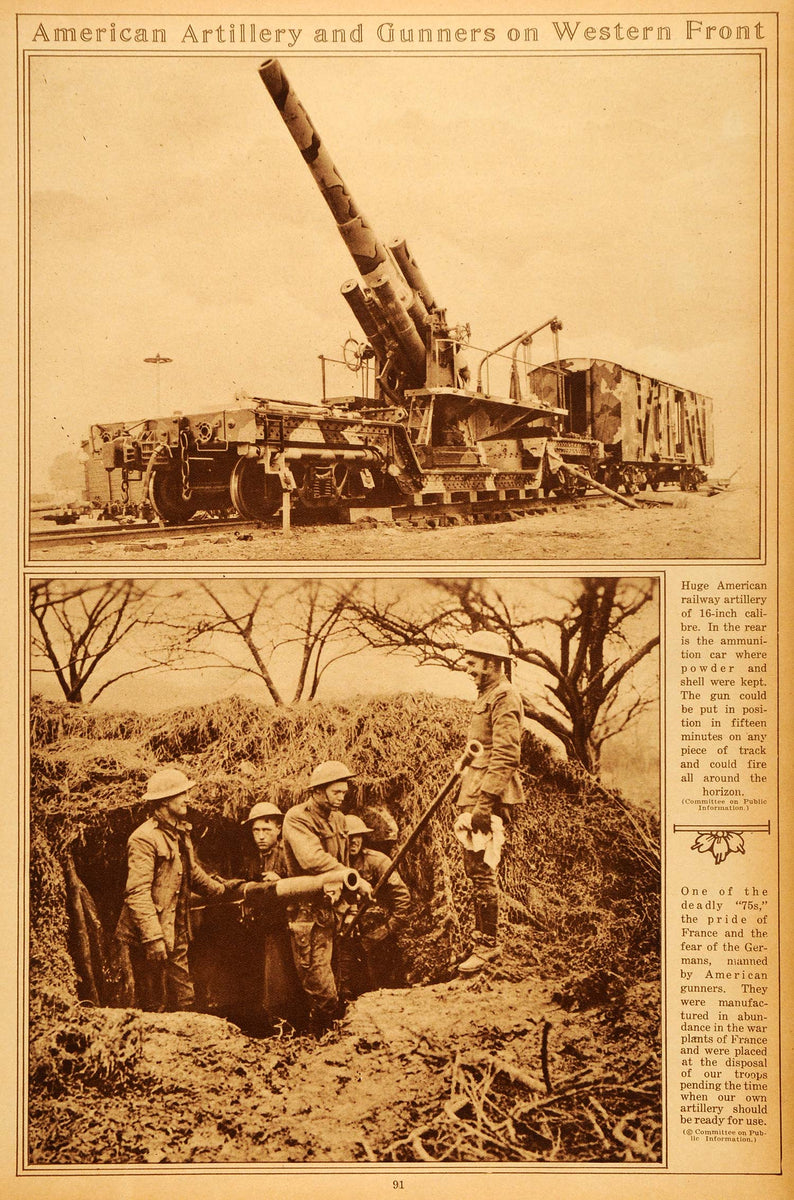 1922 Rotogravure WWI American Railway Artillery Gun Weapon Western Fro ...