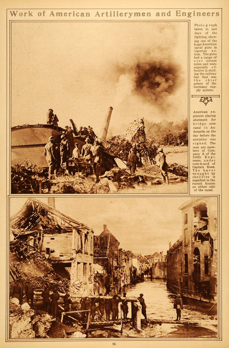 1922 Rotogravure WWI American Artillery Gun Engineers Audenarde Bridge ...