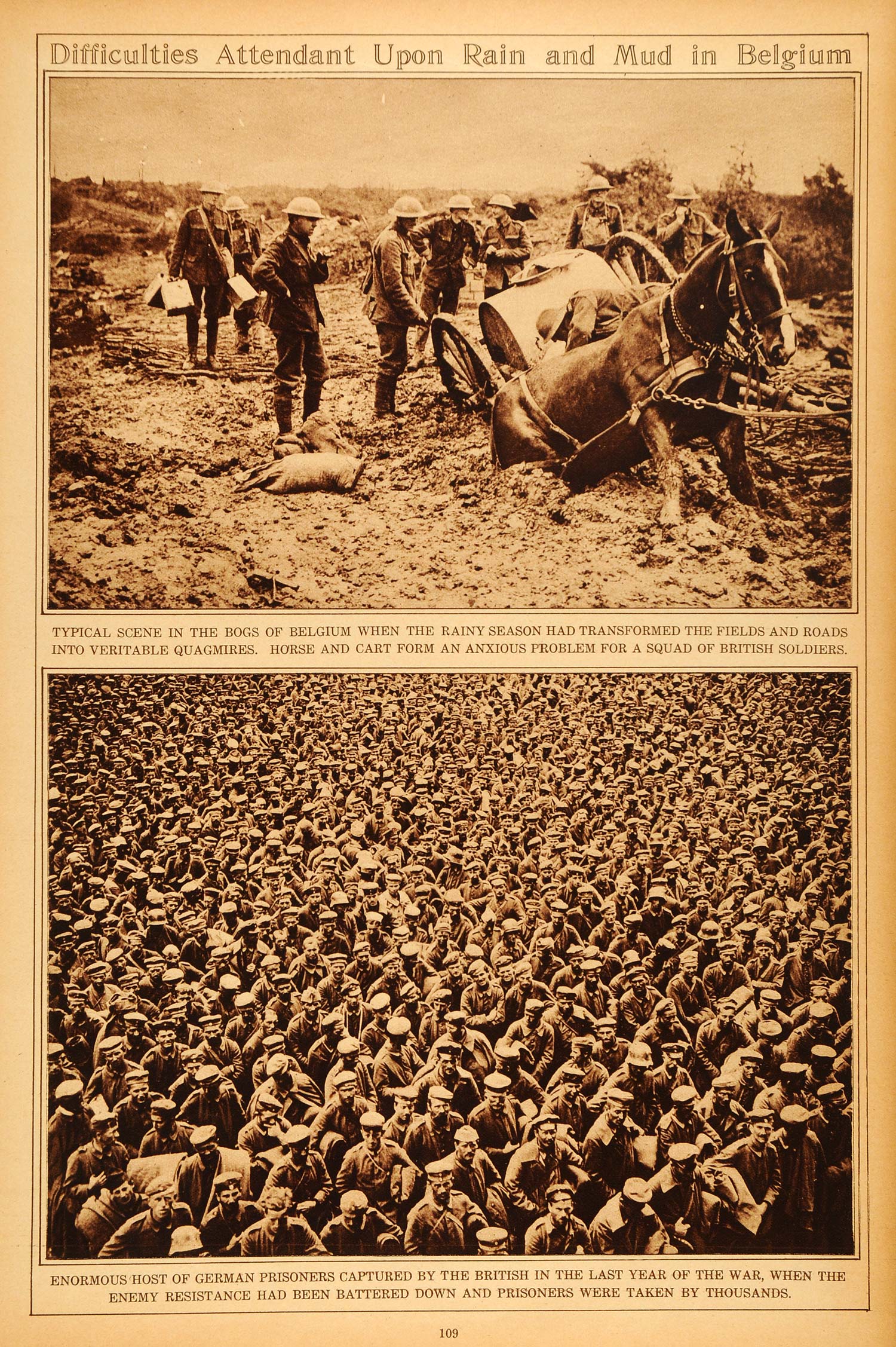 1922 Rotogravure World War I German Prisoners POWs Belgium Mud Horse Cart WWI