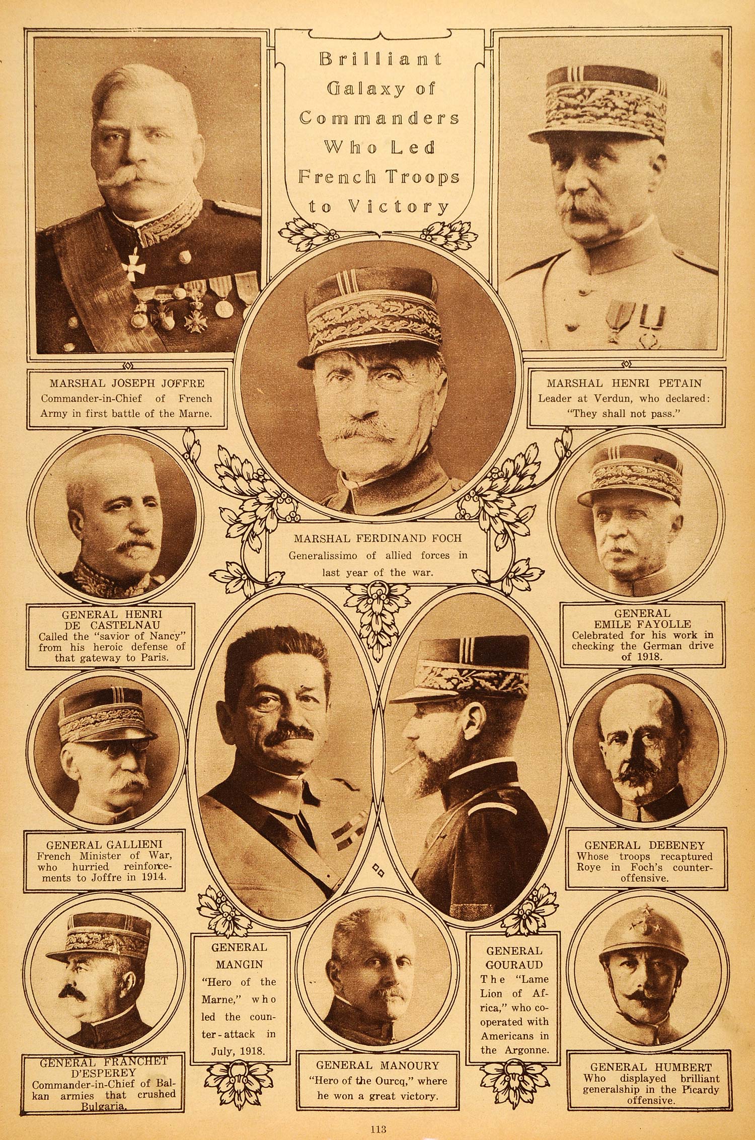 1922 Rotogravure World War I French Commanders Joffre Petain Fayolle Debeney WWI