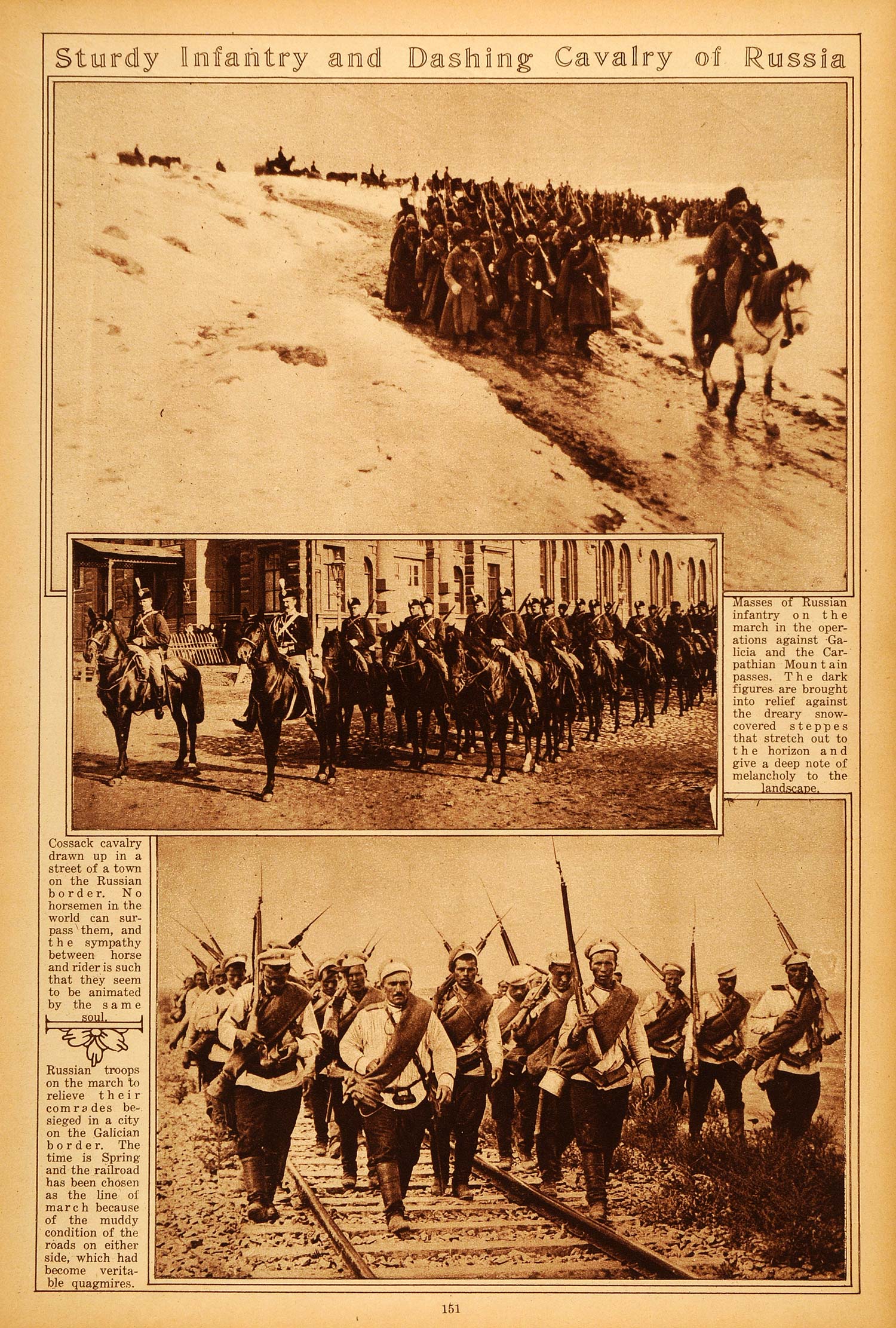 1922 Rotogravure World War I Russian Infantry Marching Cossack Cavalry Russia