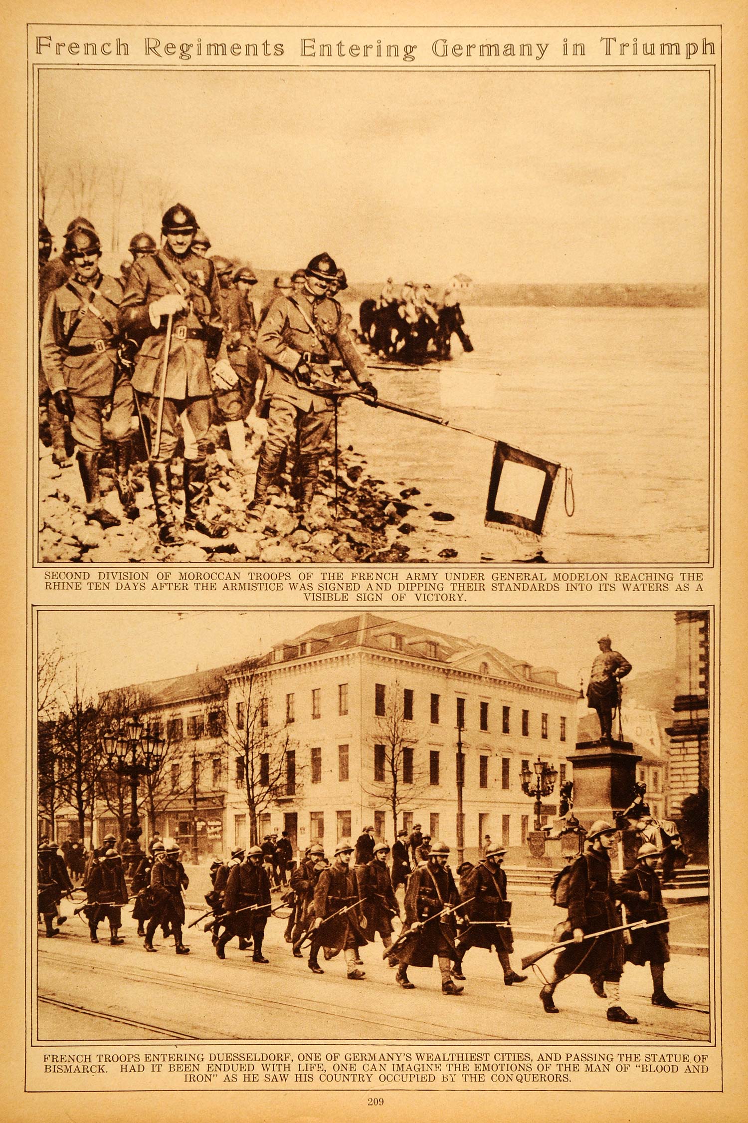 1922 Rotogravure WWI French Regiments Entering Germany Rhine River Dusseldorf