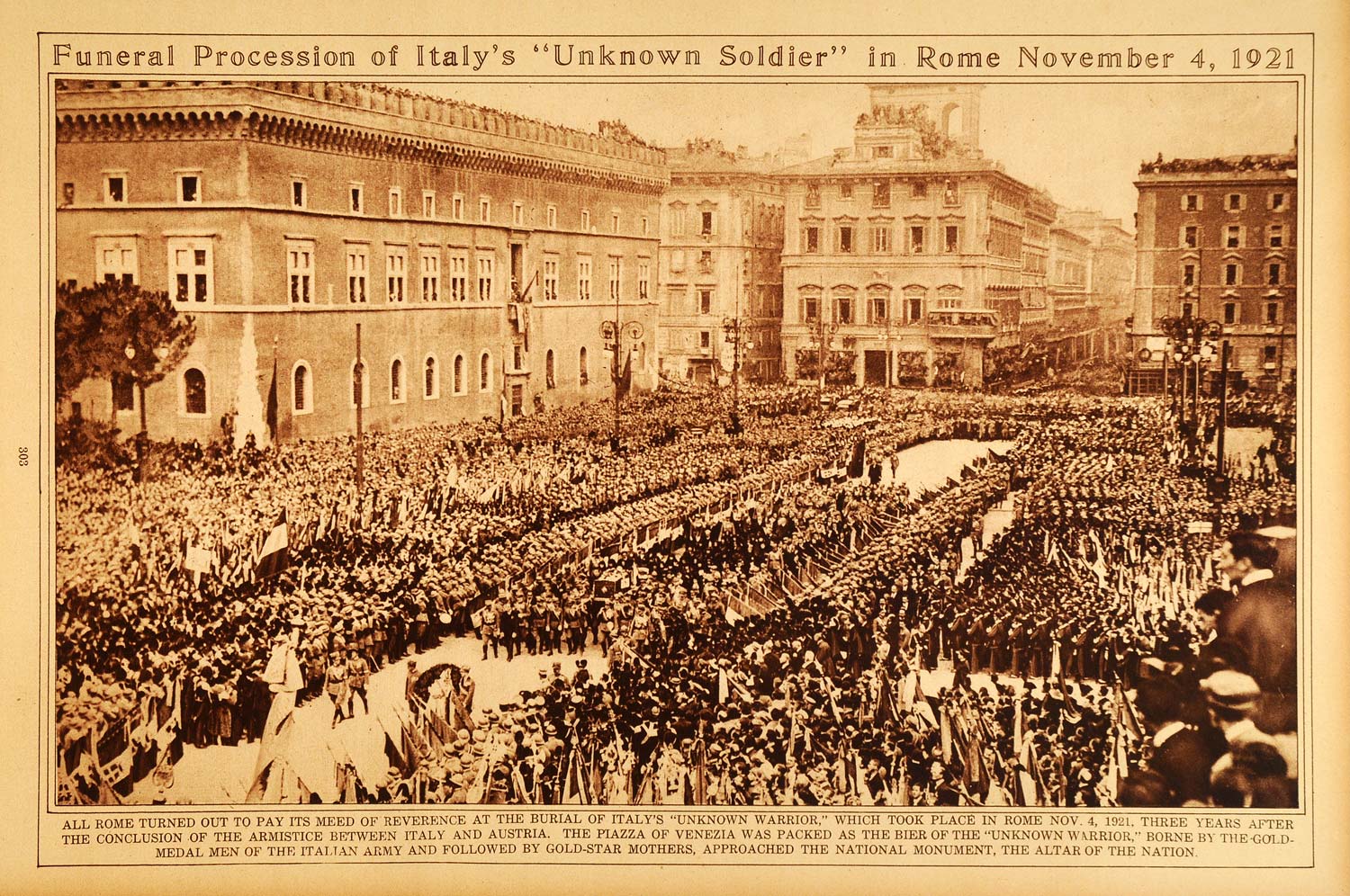 1922 Rotogravure WWI Italian Tomb Unknown Soldier Burial Piazza Venezia Rome