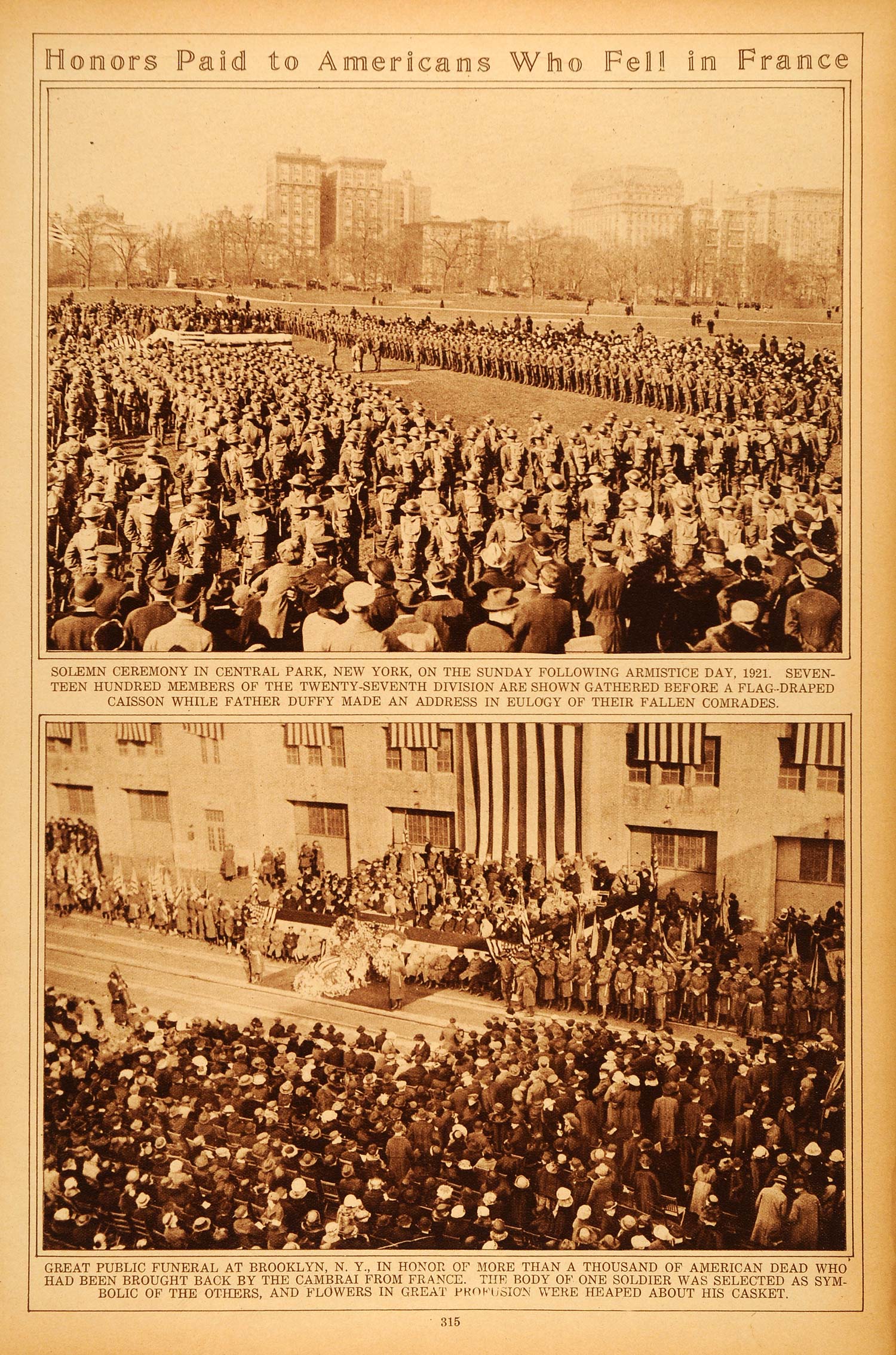 1922 Rotogravure WWI Armistice Day Ceremony Central Park NYC Funeral Brooklyn