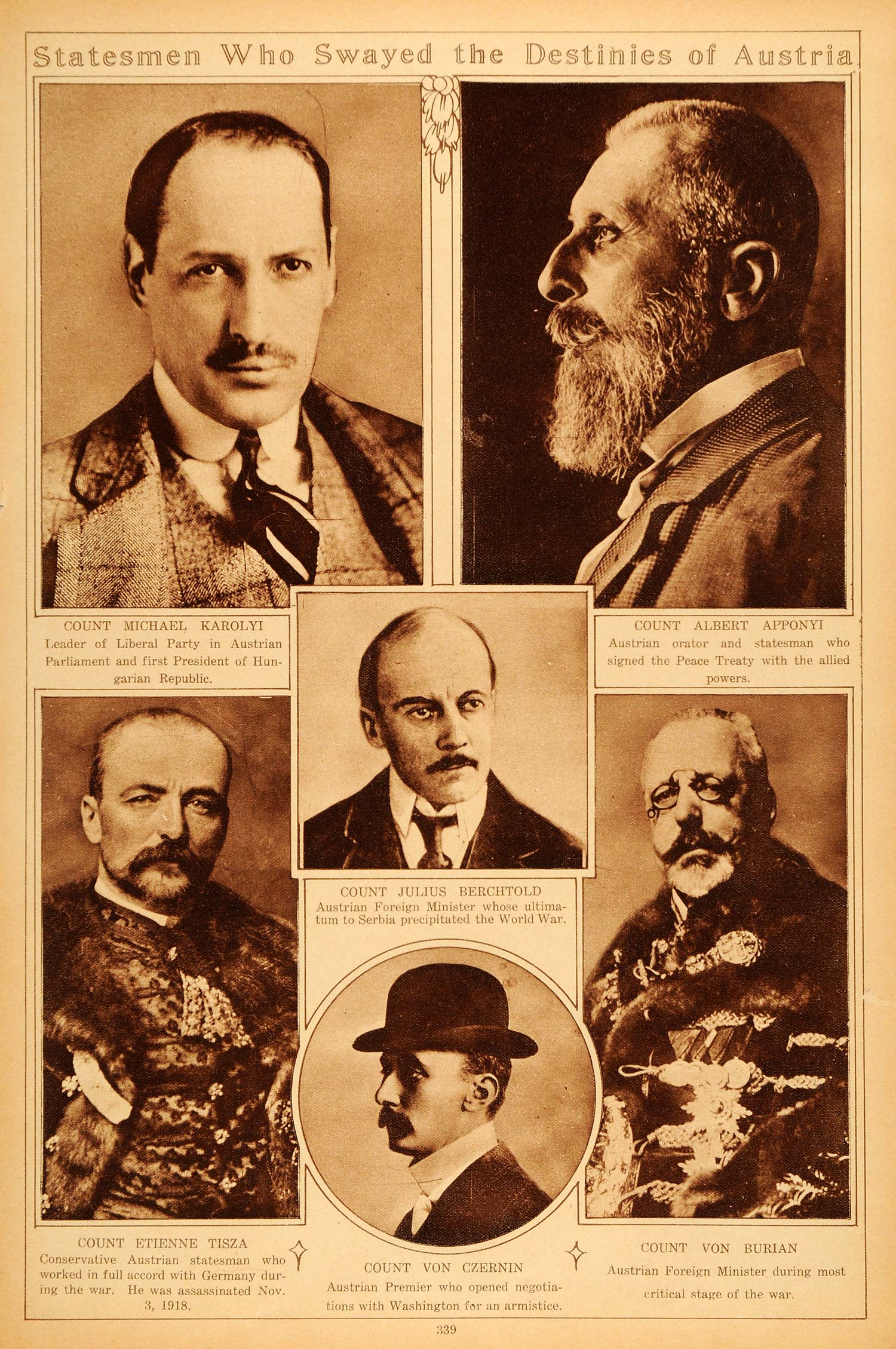 1922 Rotogravure Statesmen Austria Karolyi Albert Apponyi Berchtold Tisza WWI