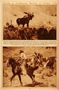 1922 Rotogravure Carl Rungius Art Moose Cowboy Throwing a Steer Wildlife Artist