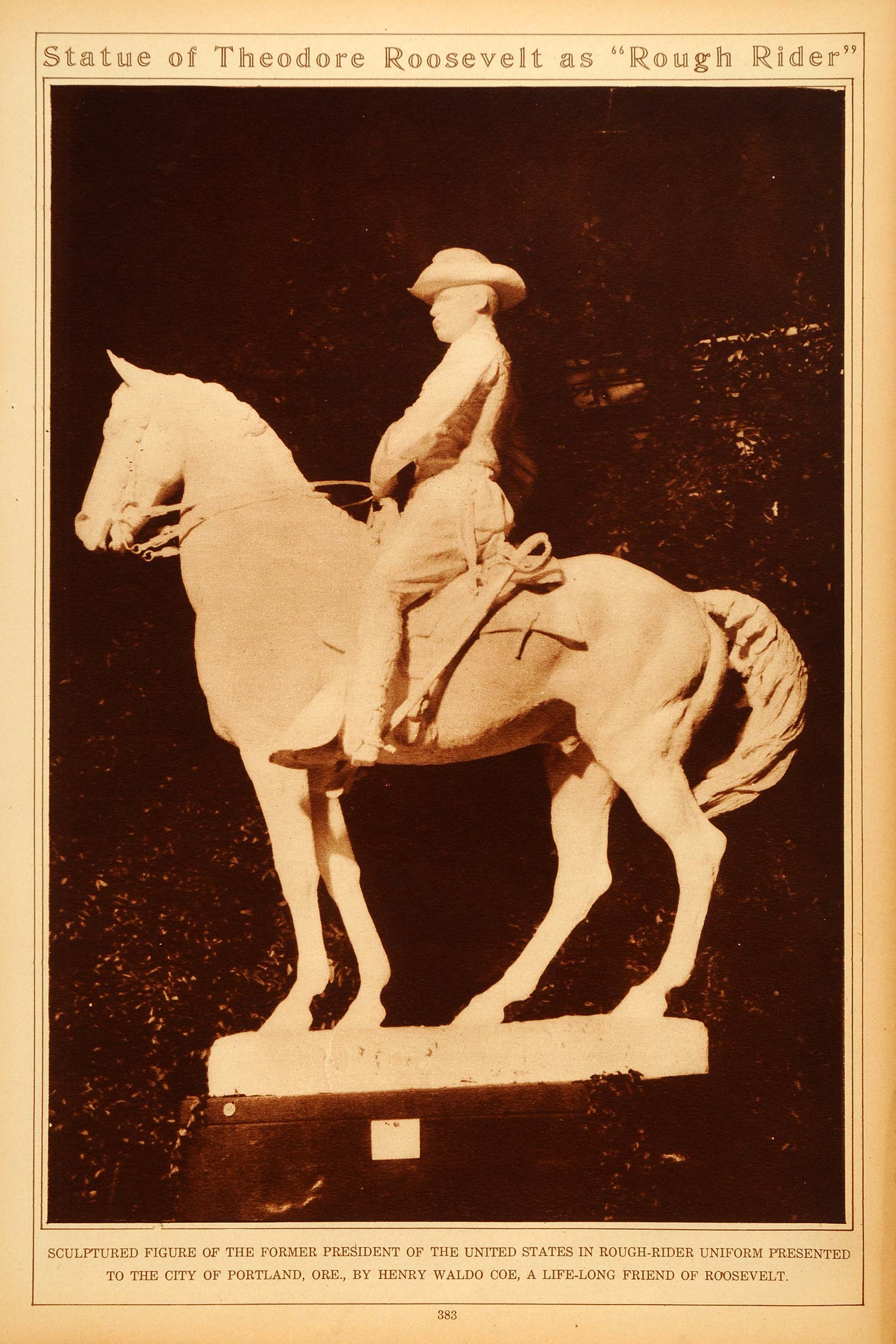 1922 Rotogravure Theodore Roosevelt Rough Rider Statue Portland Henry Waldo Coe