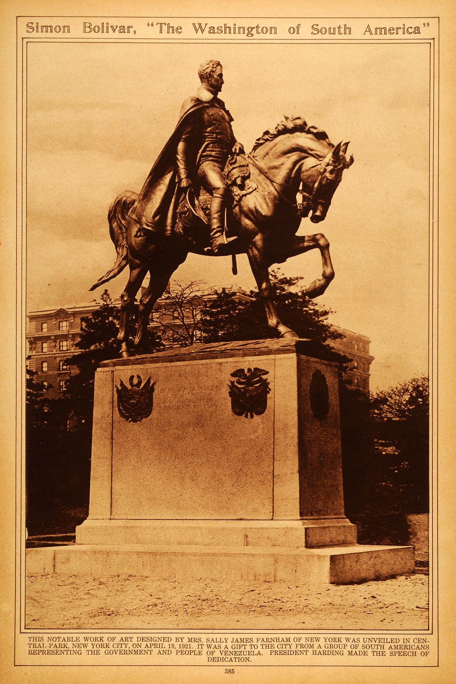 1922 Rotogravure Simon Bolivar Statue Horse Sally James Farnham Central Park NYC