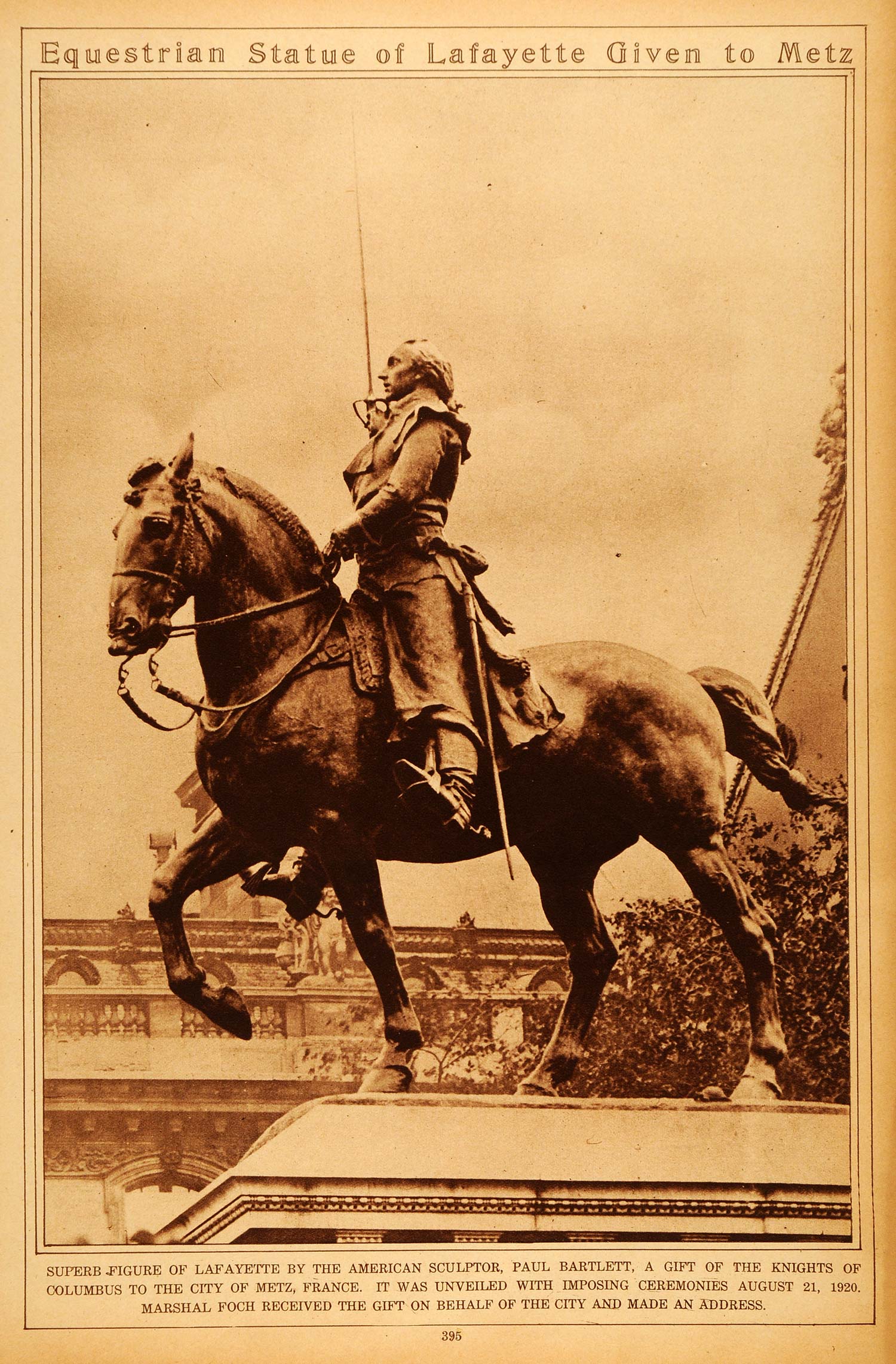 1922 Rotogravure General Lafayette Statue Horse Metz France Paul Bartlett Art