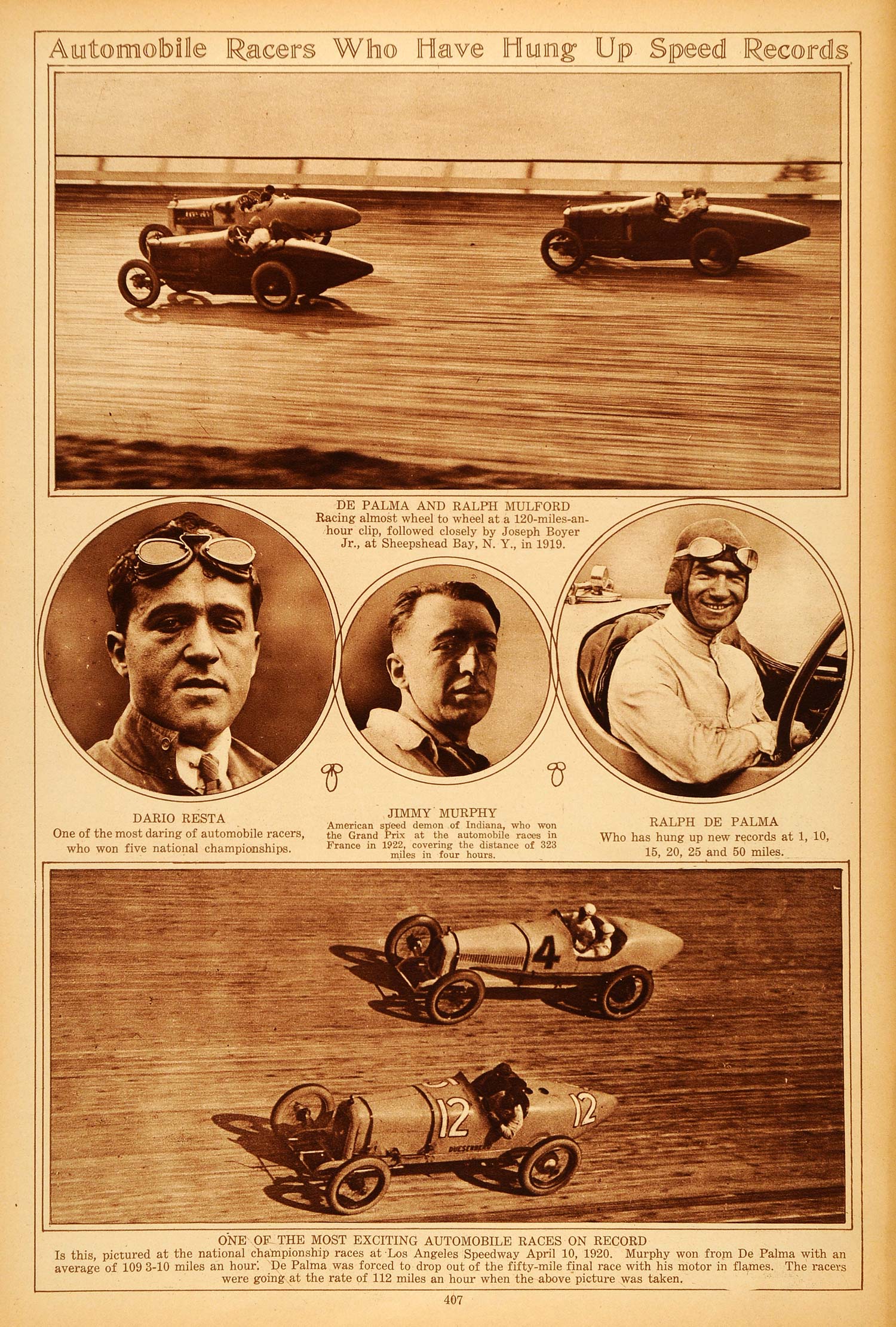 1922 Rotogravure Automobile Racing Dario Resta Jimmy Murphy Ralph De Palma Race